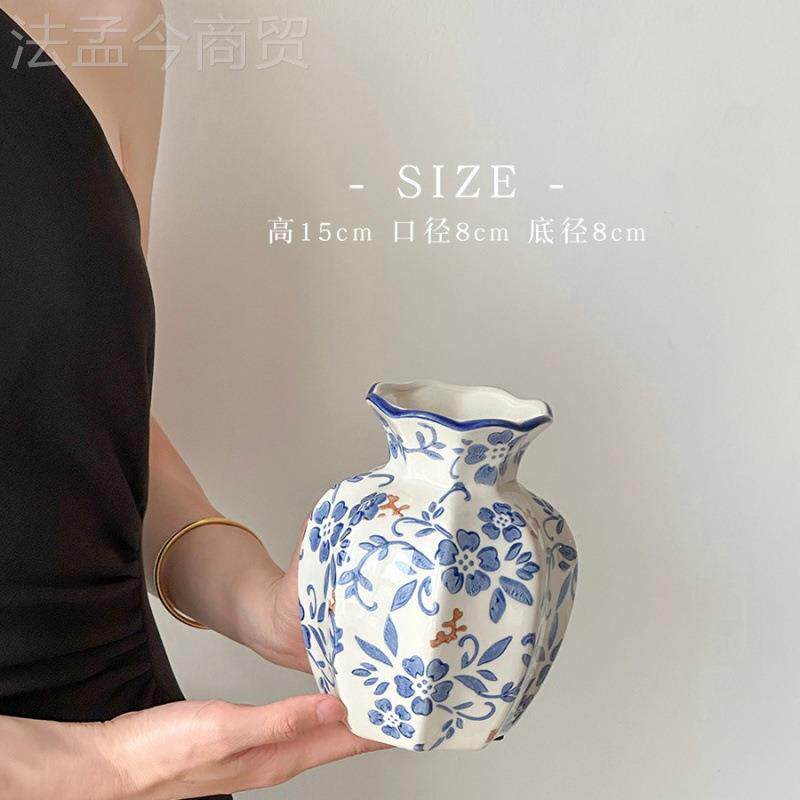 新中式高青级感花瓷复古TDY花瓶陶瓷鲜花插花厅客玄关装饰器品摆