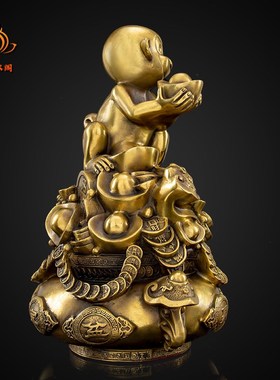 纯铜猴摆件聚宝盆猴金猴聚财猴吉祥物办公桌客厅玄关装饰家居摆件