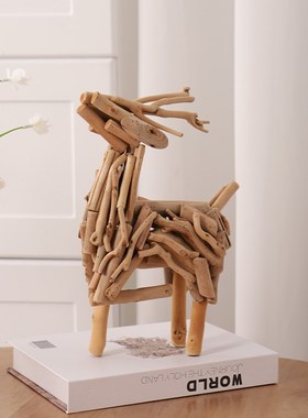 原木艺术小鹿摆件办公桌装饰创意玄关电视柜客厅桌面家居摆设