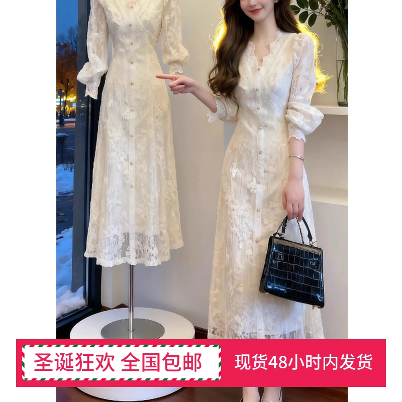 法式高级感白色v领蕾丝长袖连衣裙气质收腰温柔风长裙子2025冬季