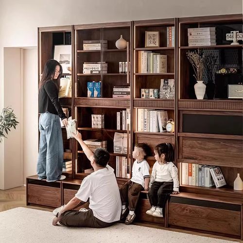 三马家具“星光组合书柜”北美黑胡桃组合柜满墙卡座书柜一体整墙