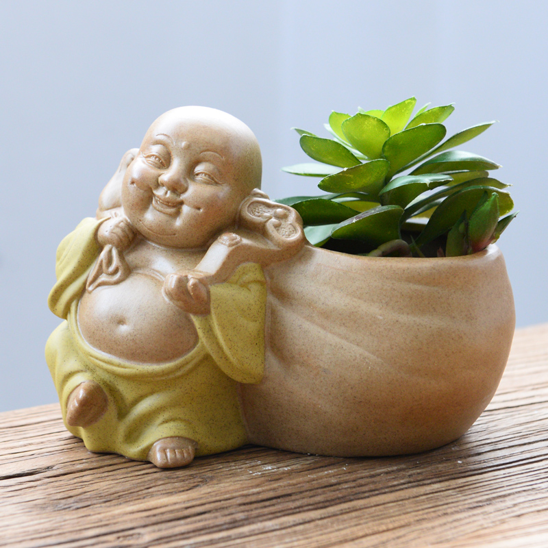 多肉禅意花盆陶瓷弥勒r佛桌面摆件花器小文竹花盆盆景摆件花器