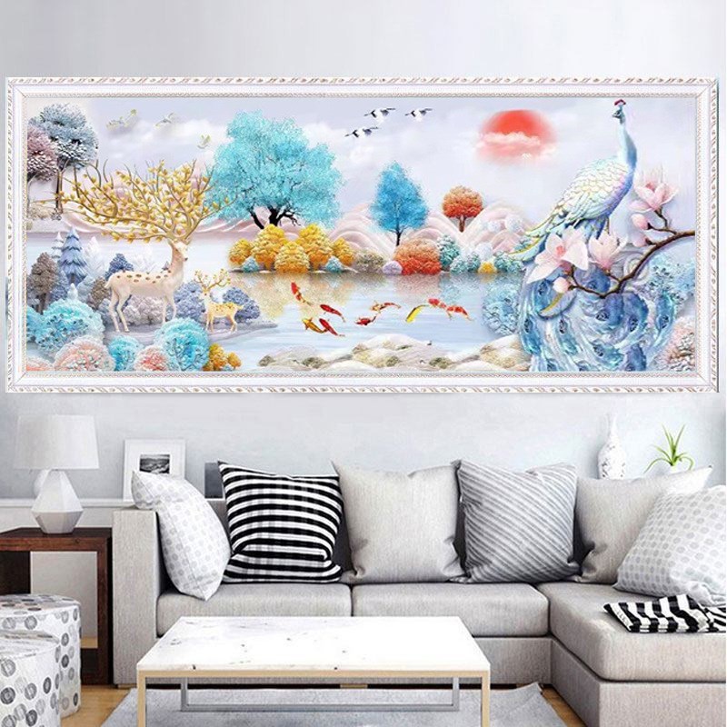 钻石画满钻新款孔雀麋鹿贴钻十字绣客厅九鱼风景山水画砖石秀