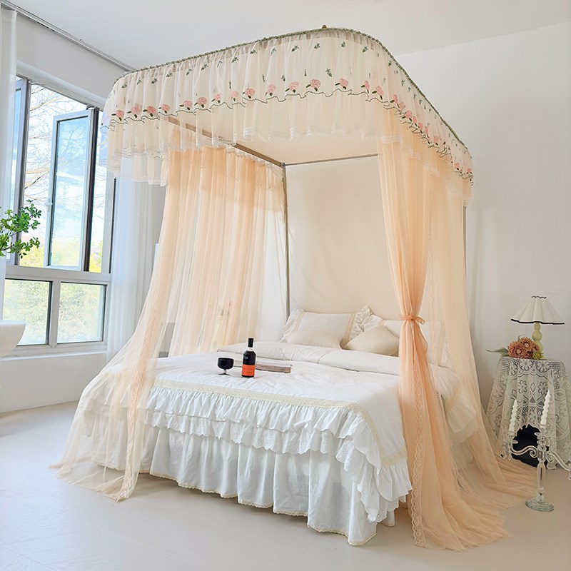 2024新款导轨蚊帐u型家用1米5卧室支架杆加粗加厚床帘落地文纹账