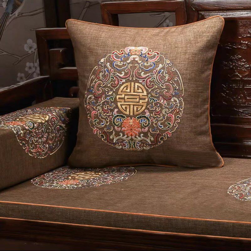 绣花布 新中式电脑绣花圆形沙发坐垫抱枕仿麻复古绣花布料