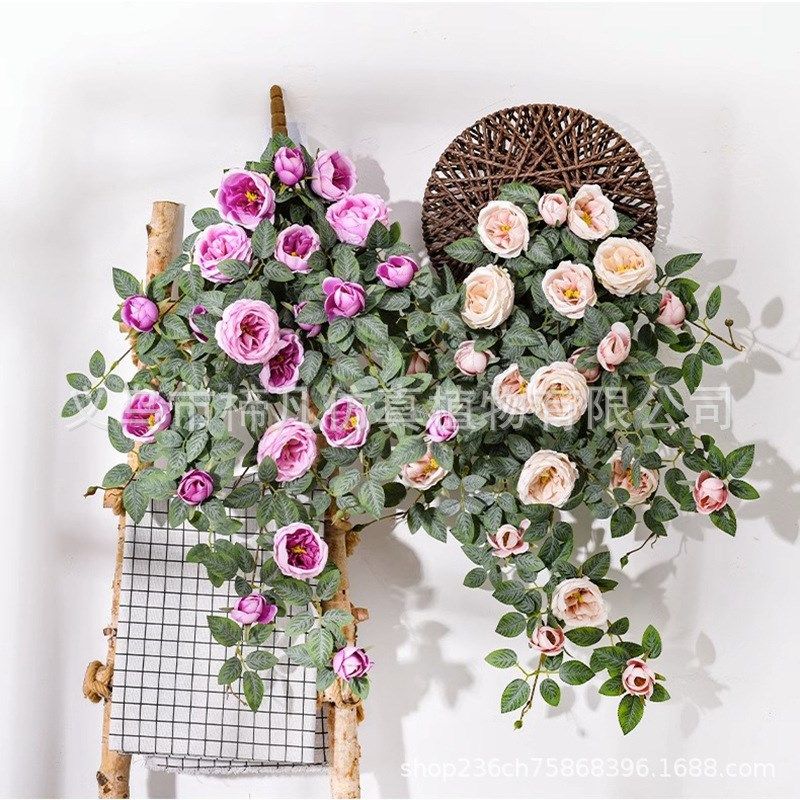 仿真玫瑰壁挂吊篮花卉套装欧式塑料花藤藤蔓墙上客厅客厅墙壁阳台