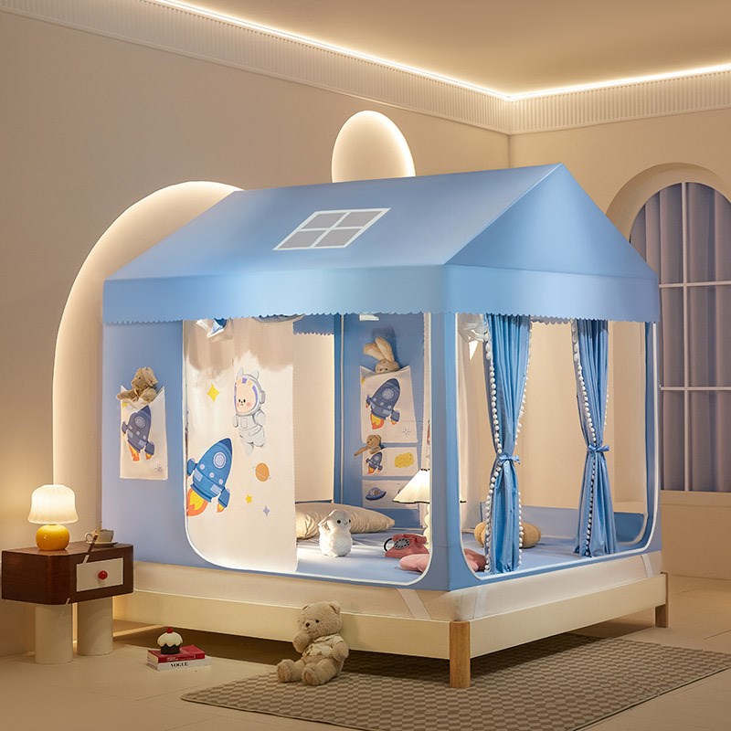 坐床蚊帐加密儿童防摔纹帐家用卧室强遮光帘三开门全底蒙古包帐篷