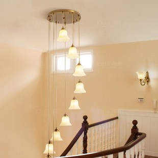 新品楼梯吊灯美式全铜复式楼梯间吊灯轻奢别墅中空旋转楼梯长吊灯