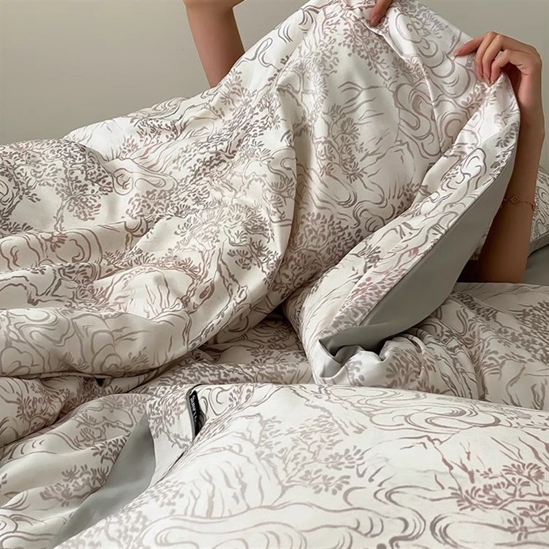 复古风100S长绒棉四件套中式国绘印花花卉被套床单1.8m床上用品