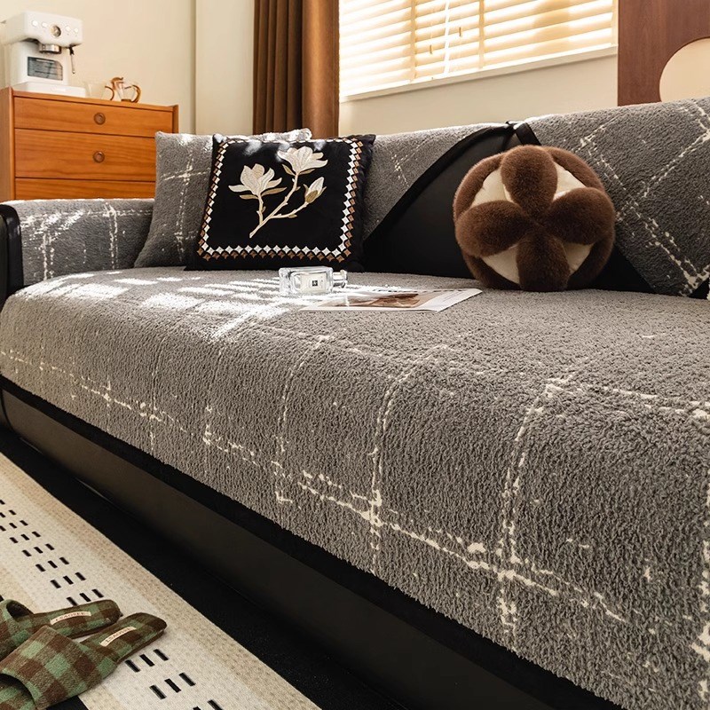 沙发垫冬季防滑毛绒中古风格子坐垫直排皮沙发复古高级感沙发盖巾