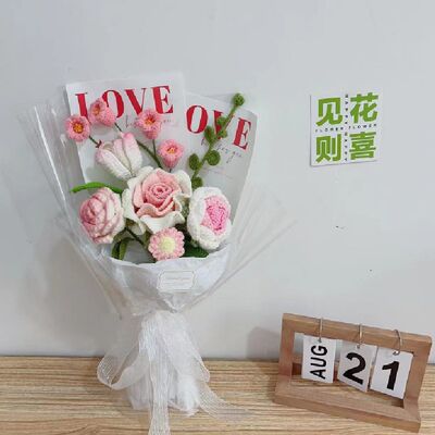 情人节手工花束成品针织毛线玫瑰混搭花束闺蜜结婚礼品假花带包装