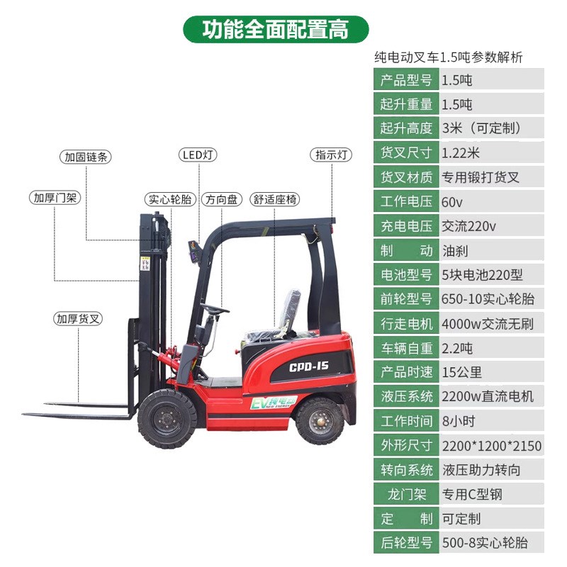 新能源电动叉车2吨四轮座驾式1吨叉车3吨液压升降堆高装卸搬运车