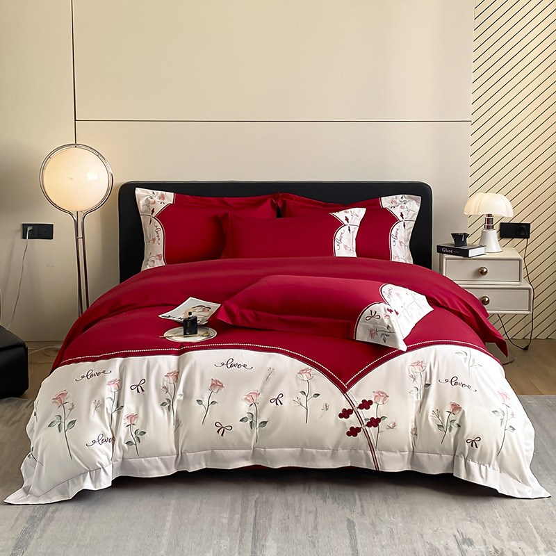 小清新红色结婚床上用品四件套少女心加厚磨毛婚庆新婚被套床单