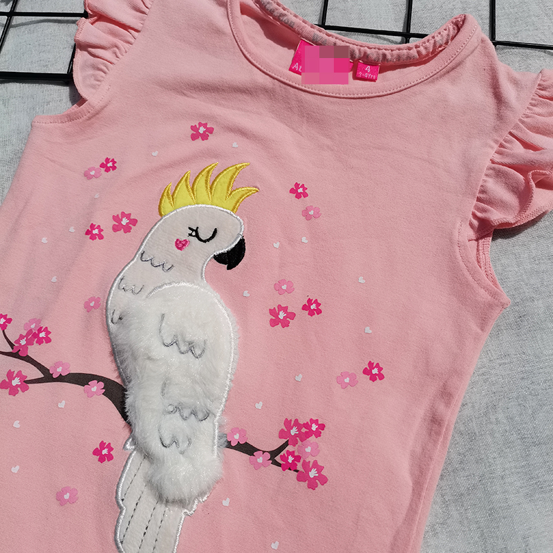 超可爱~3件包邮1-8码女童夏季全棉粉色毛绒鹦鹉飞袖背心短袖T恤