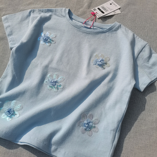 3件包邮6-8码欧美尾女童夏季 浅蓝 立体亮片花朵 短袖T恤 上衣