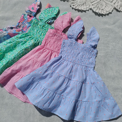 三样包邮2-10码澳单cott*n女童夏季薄全棉条纹花朵吊带飞袖连衣裙