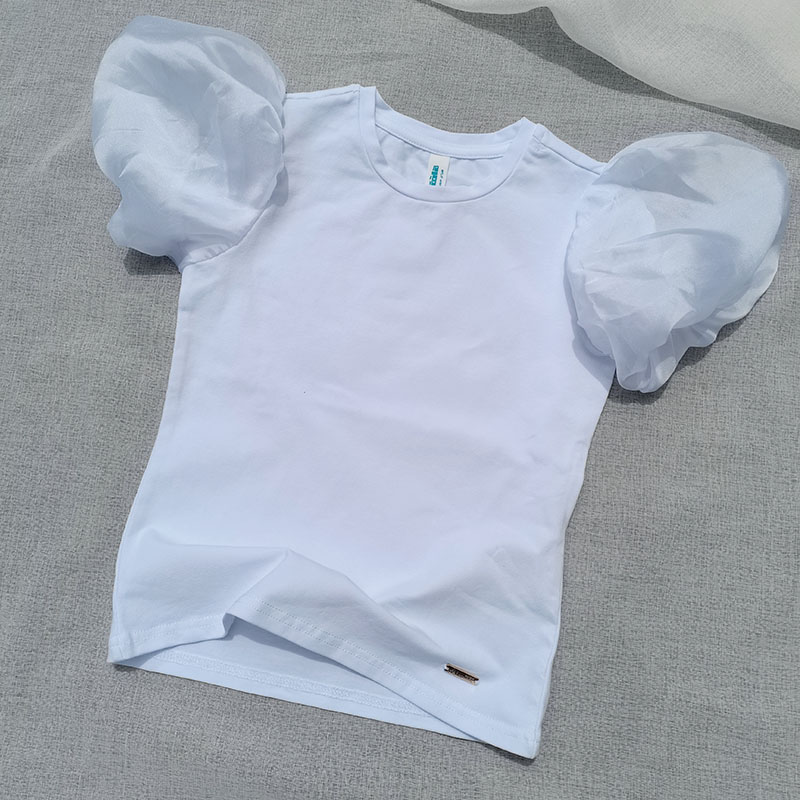 瑕疵特~3件包邮 122-158俄单夏季女童白色大泡泡袖灯笼袖 短袖T恤