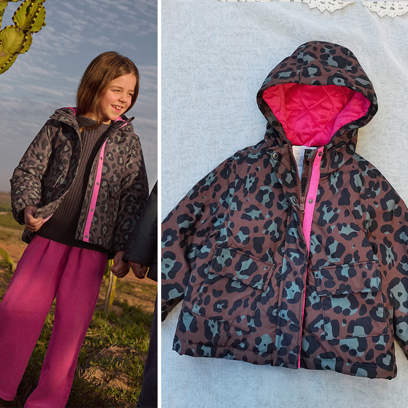 3样包邮98-164英欧单尾女童冬季连帽豹纹户外防水棉袄棉服棉衣
