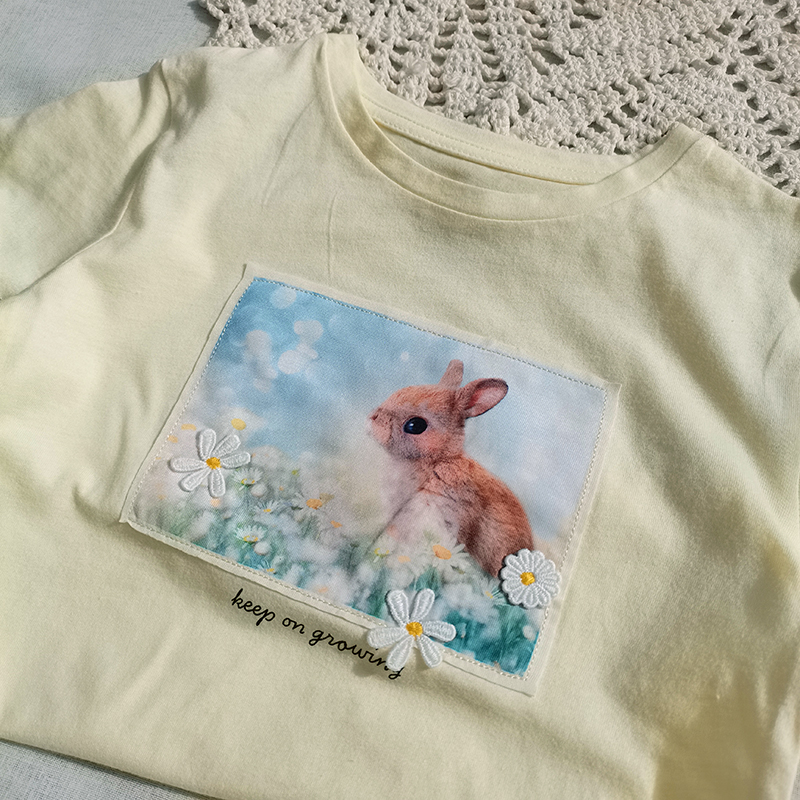 清特！3件包邮2码 h家尾码 夏季女童全棉贴布兔子小雏菊短袖T恤