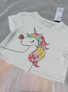 清特~3件包邮2-4码女童夏季 短袖独角兽粉色纱裙蓬蓬裙连衣裙