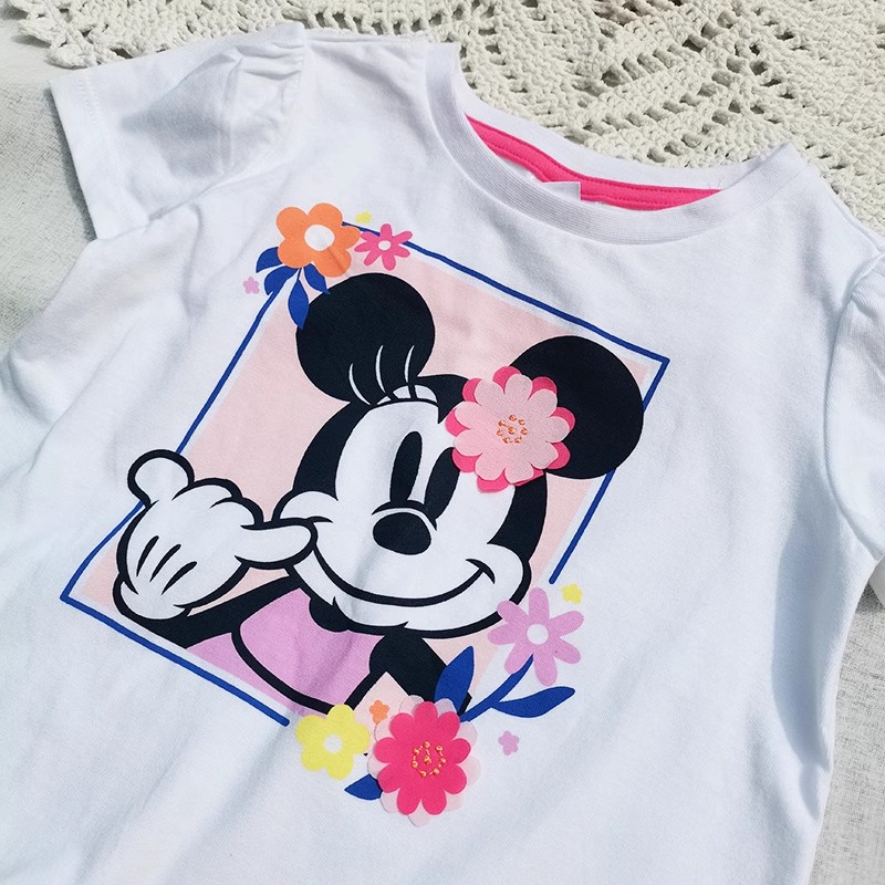 3样包邮2-8码 澳单新款 女童夏季 全棉 白色卡通 立体花朵短袖T恤