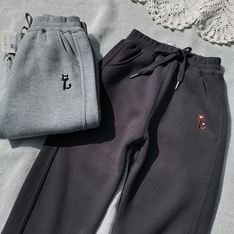 3样包邮130-170码女童冬款中大童绣猫咪一体绒休闲裤运动裤卫裤