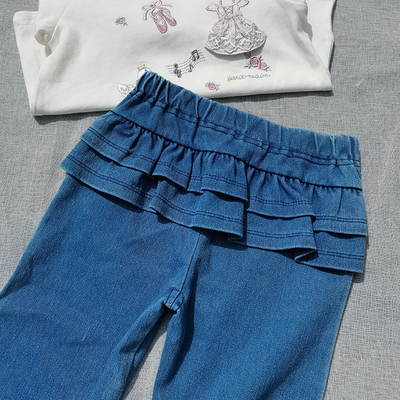 3件包邮110-120日单女童春秋季牛仔色花边打底裤修身长裤九分裤