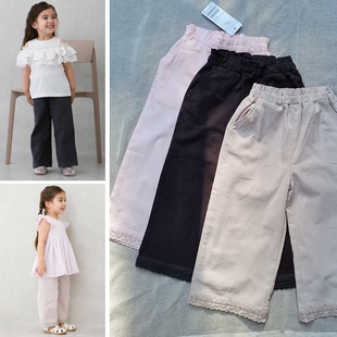 3样包邮 100-130日单pm女童春秋 全棉直筒裤阔腿裤 蕾丝花边长裤