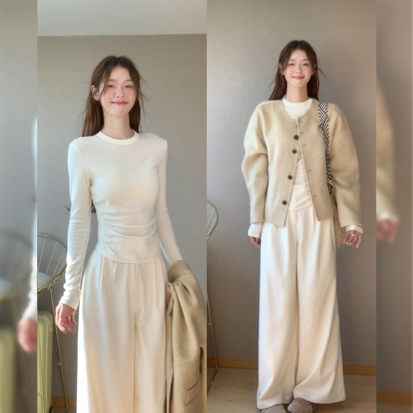 韩系卡其色短款大衣毛呢外套女