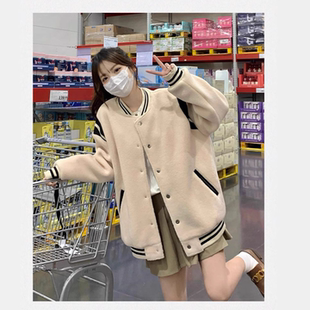 美式复古黑白拼接棒球服厚外套女秋冬季加绒羊羔绒羊羔毛加厚穿搭