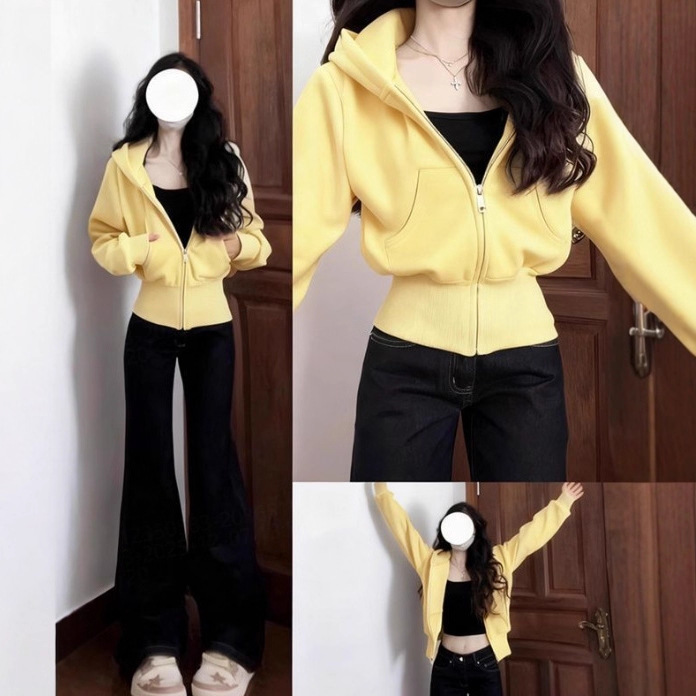 奶黄色短款连帽卫衣外套韩系穿搭