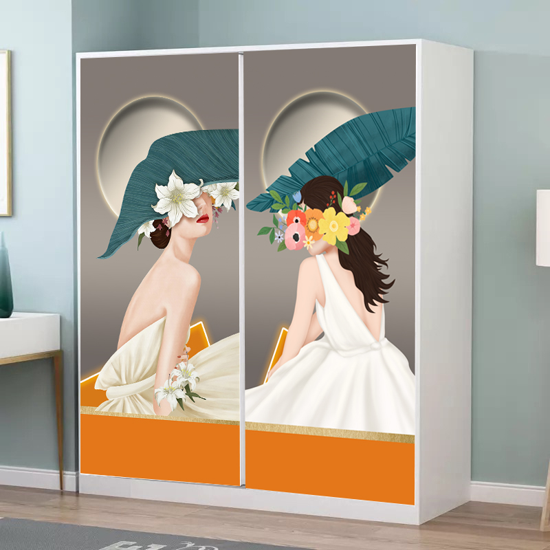 现代简约小清新向日葵女孩门贴纸整张衣柜门遮丑自粘防水玻璃贴画