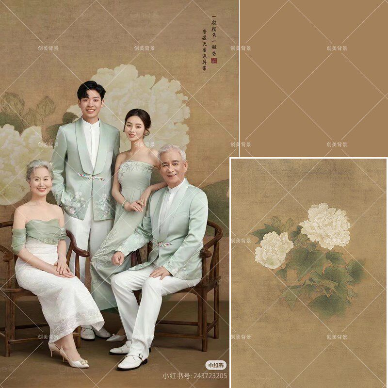 一家口全家福拍照工笔画背景纸影楼全家福民摄影写真背景布