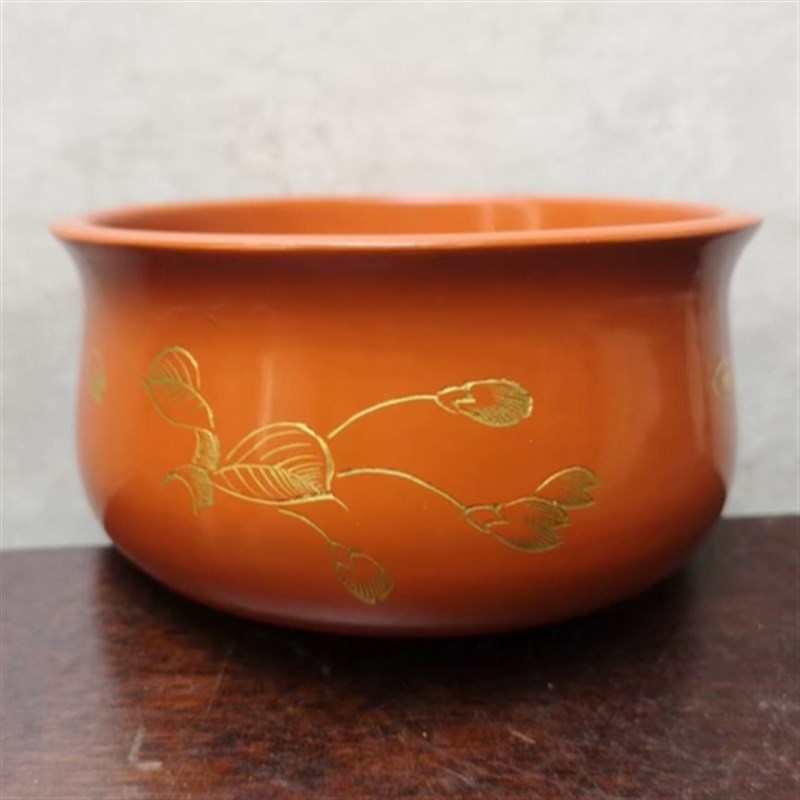轮岛塗漆器朱漆沈金小钵 木胎手工刻描金 茶亦居日古美术