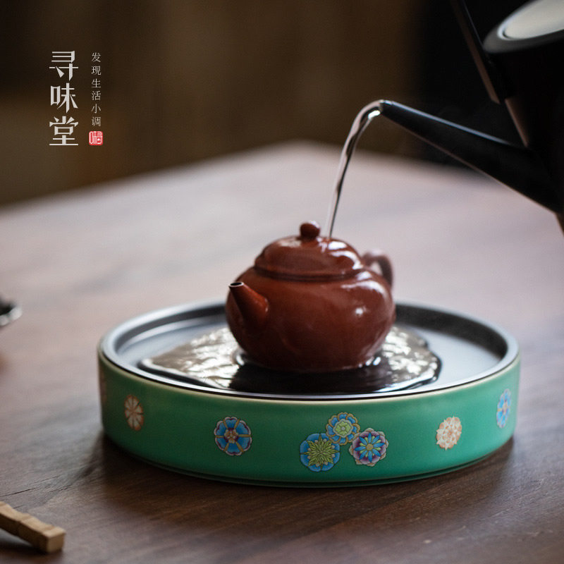 雅致皮球壶承小茶盘小号圆形干泡盘茶具斗彩盘
