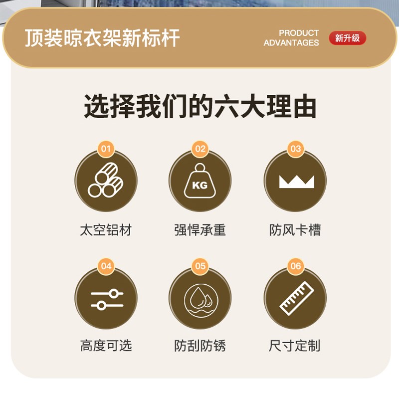 晾衣架阳台家用固定式晾衣杆顶装挂晒衣杆一根打孔固定悬挂式单杆