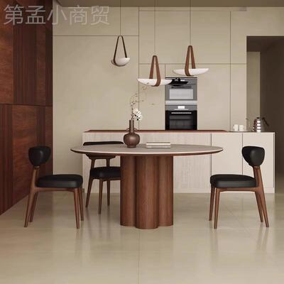 中古洞石岩板圆形LS-343桌用餐厅圆饭桌设计师实木餐桌椅组圆家合