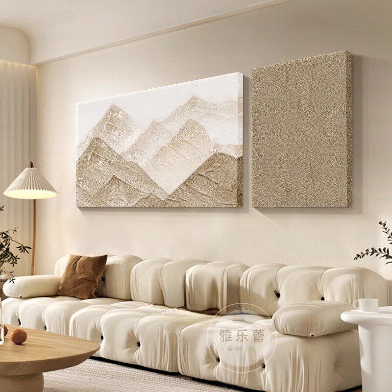 奶油风客厅装饰画抽象几何双联画侘寂风壁画砂岩画沙发背景墙挂画