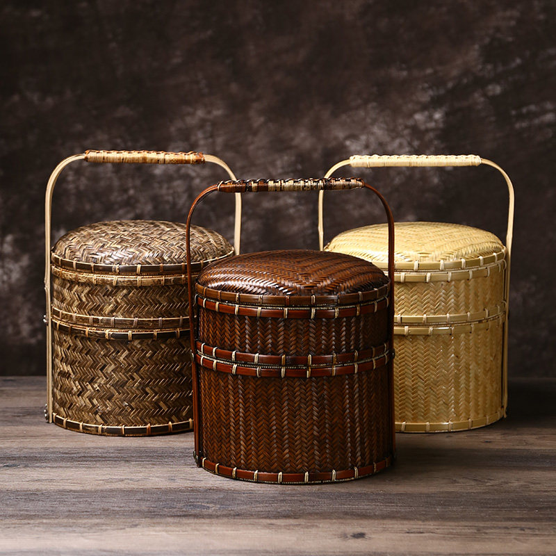 手工竹编食盒收纳盒礼盒茶具收纳篮双层糕点篮中式古风提篮提箱