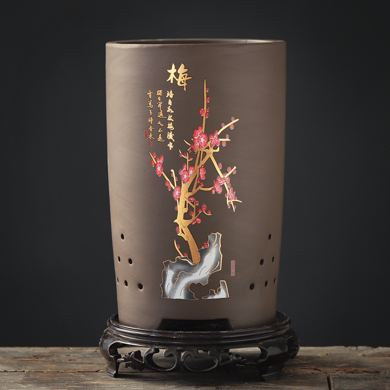 紫砂兰花花盆粗陶透气高筒紫砂大号吊兰蝴蝶兰带托盘家用老桩