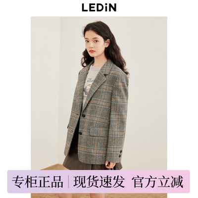【反季清仓】乐町复古时尚千鸟格格纹呢西装大衣女冬宽松毛呢外套