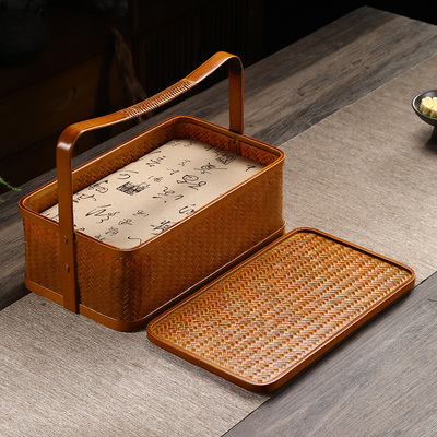 竹编内衬分隔篮手工带盖提篮复古篮食盒便携功夫茶茶道.茶具收纳