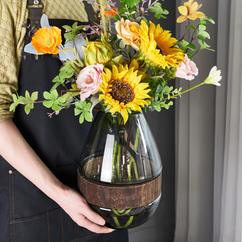 日式简约创意轻h奢摆件复古桐木花瓶玻璃插花水养花客厅餐桌装饰