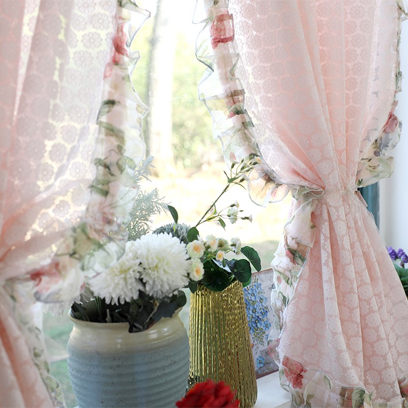 韩式田园粉色荷叶边纱帘门帘免z打孔短帘半截纱帘卧室纱帘厨房窗