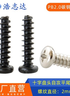 M2圆头十字盘头自攻平尾螺钉PB2*3-3.5-4-5-6-7-8-10-12镀镍/黑色