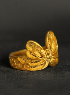 新款轻奢金色古法手工花丝蝴蝶戒指镂空指环高级百搭饰品礼物尾戒