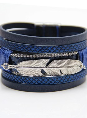 2022跨d境欧美热卖 羽毛皮质编织女士多层手链 个性树叶磁扣手镯