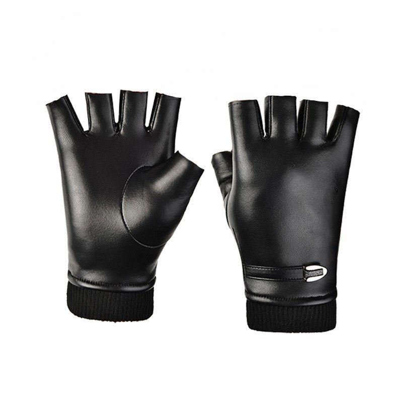 皮手套半指男女冬保暖加绒v骑行露指漏手指头无指半截手套跨境直