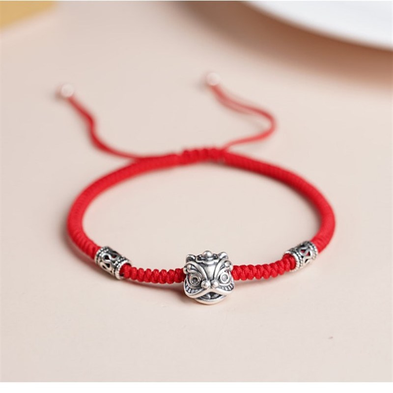 999足银e醒狮手链手绳手工编织情侣款中国风女男本命年生日礼物