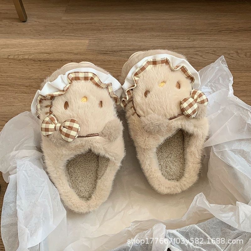 KT猫可爱卡通棉拖鞋女款冬季厚底防滑M加绒加厚保暖毛毛拖鞋